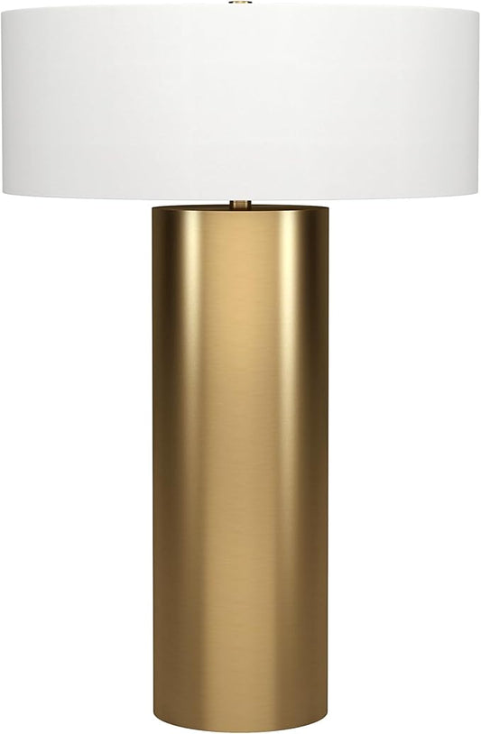Henn&Hart 24'' Mid-Century Modern 1-Light Table Lamp with White Fabric Drum Shade for Living Room, Bedroom, or Office, Brass
