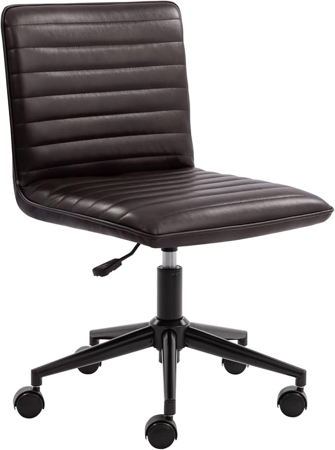 Furnimart Modern Armless Office Desk Task Chair - Upholstered Mid-Back Home Office Chair with 360 Degree Swivel and Adjustable Height - Leather (Black/Brown)