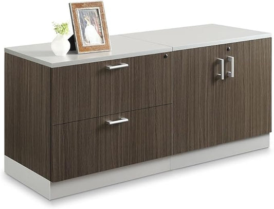 NBF Esquire Office Storage Cabinet and Lateral File - Laminate Storage Cabinet with Two Lockable Door and Adjustable Shelf - Lateral File Cabinet with 3 File Drawers - (32" W x 30" H, Gray)