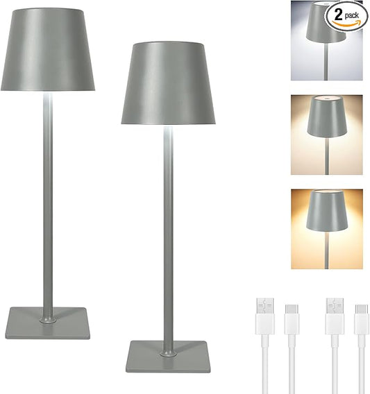 MIOBLUE 2 Pack Cordless Table Lamp,Portable LED Desk Lamp, 5200mAh Battery Operated, 3 Color Dimmable Table Light for Restaurant,Coffee Shop Night Light,Bedroom,Bars,Outdoor Party,Camping（Grey）