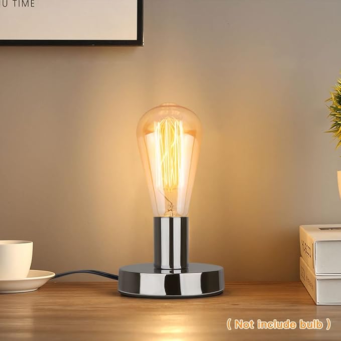 Helunsi Industrial Table Lamp Base, Silver E26 E27 Lamp Base Without Shade, Mini Short Desk Lamp Exposed Bulb Base, Simple Metal Edison Light Bulb Stand, with 5.8ft Cord Switch Plug Bulb Base Holder