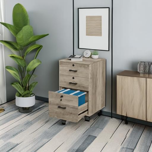VINGLI 3-Drawer File Cabinet with Lock, Wood Rolling Under Desk File Cabinets for Home Office, Mobile Printer Stand & Filing Organizer for Letter Sized Files, 26" H(Caster Included), Rustic Gray