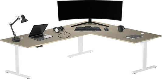 Progressive Desk Stand Up Height Adjustable Standing Desk - L Shaped 85" x 72" Corner Computer Rising Workstation Electric Table - White Frame, Bright Beech Top