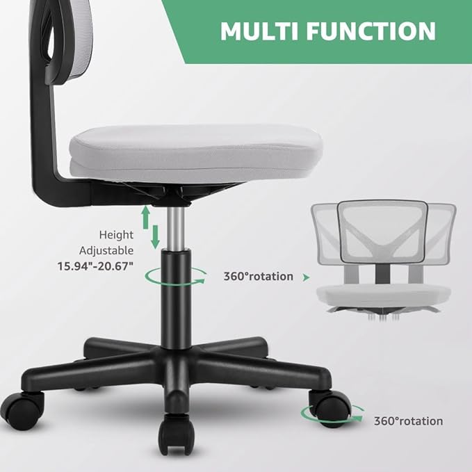 Armless Mesh Office Chair, Ergonomic Low Back Deskchair, Adjustable Rolling Task Computer Swivelchairs for Small Spaces Home Bedroom Study, Gray