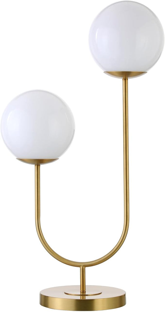 Henn&Hart 28'' Mid-Century Modern 2-Light U-Shaped Table Lamp with White Milk Glass Globe Shade for Living Room, Bedroom, or Office, Brass