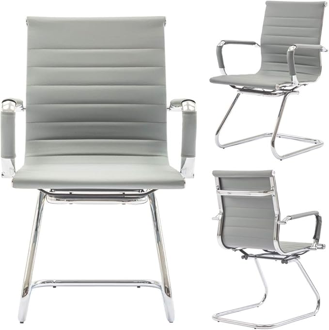 Wahson Office Guest Chairs Set of 8, Leather Reception Chairs, Mid Back Waiting Room Chair, Conference Chairs with Sled Base, Desk Chair No Wheels for Meeting/Lobby/Restroom, Grey