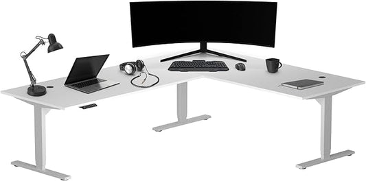 Progressive Desk Stand Up Height Adjustable Standing Desk - L Shaped 85" x 72" Corner Computer Rising Workstation Electric Table - Gray Frame, Warm White Top