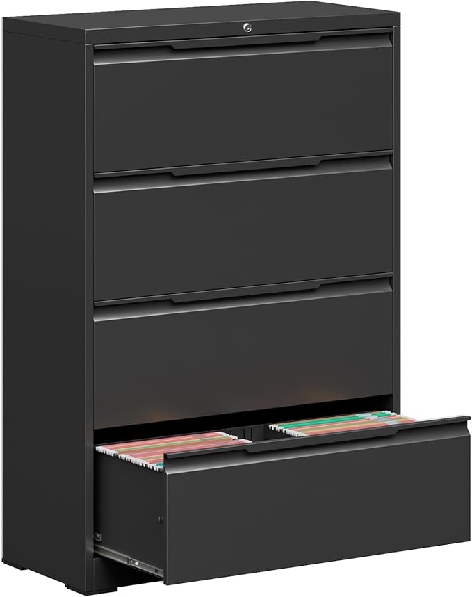 Coolsun Metal Lateral File Cabinet, 4 Drawer File Cabinet with Lock, Wide Filing Cabinet for Home Office, Locking Storage Cabinet for Hanging A4/F4/Letter/Legal, Assembly Required (Black, 4 Drawer)