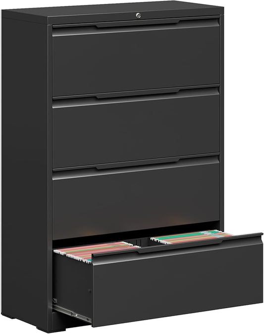 Coolsun Metal Lateral File Cabinet, 4 Drawer File Cabinet with Lock, Wide Filing Cabinet for Home Office, Locking Storage Cabinet for Hanging A4/F4/Letter/Legal, Assembly Required (Black, 4 Drawer)
