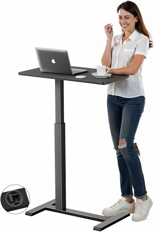 Mobile Overbed Standing Desk with Wheels,Rolling Desk Adjustable Height,Pneumatic Laptop Side Table for Couch,Home,Office,Small Sit Stand Computer Workstation Cart,Black