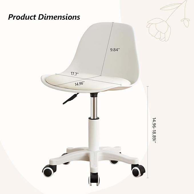 Small Desk Chair Cute Armless Task Vanity Chair with Soft Padded Cushion, Plastic Height Adjustable Home Office Chairs for Teens Girls