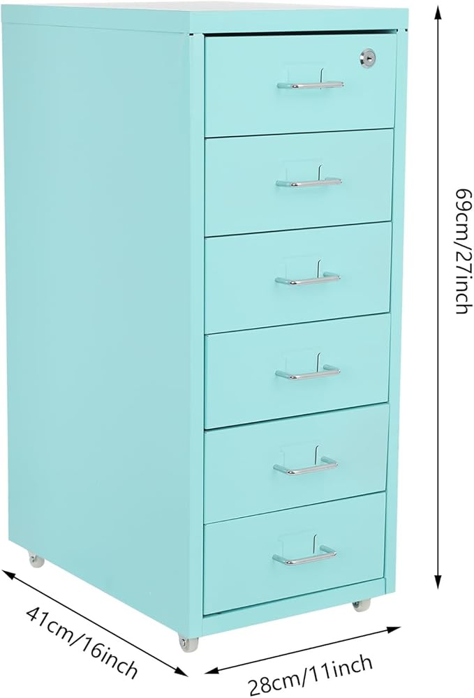 TFCFL Mobile File Cabinet 6 Drawer Vertical File Cabinet with Wheels Metal File Cabinet with Lock for Home Office, 11" D x 16" W x 27" H (Blue)