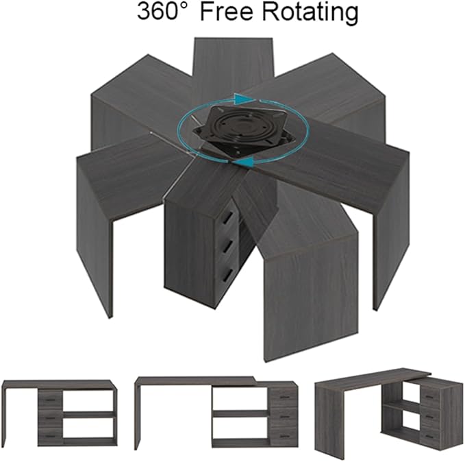 HSH L Shaped Computer Desk with Drawers, 360 Rotating L Shape Desk with Storage Cabinet Shelves, Industrial Home Office Desk for Executive Writing Study Work, Dark Wood Table Swivel Desk, Gray 55 Inch