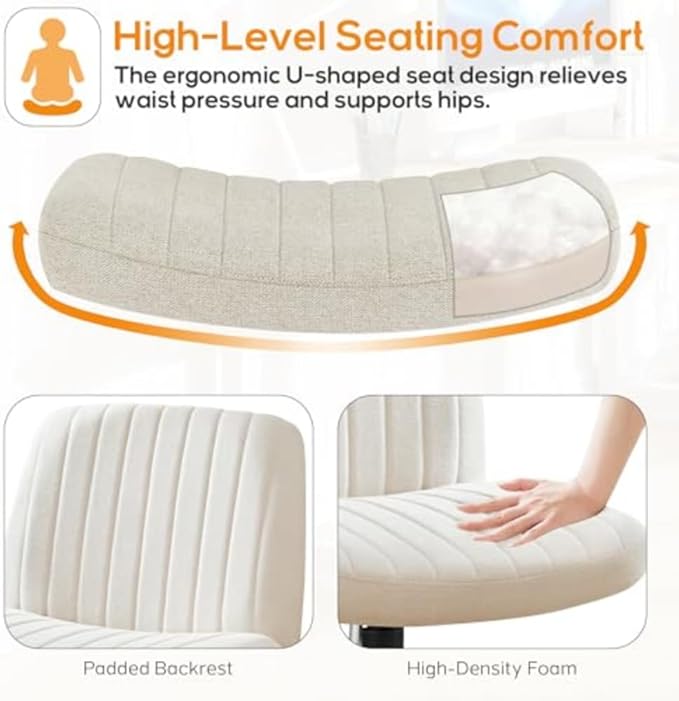 DUMOS Criss Cross Chair Legged Office Wide Comfy Desk Seat, No Wheels Armless Computer Task Seating, Swivel Vanity Home Height Adjustable