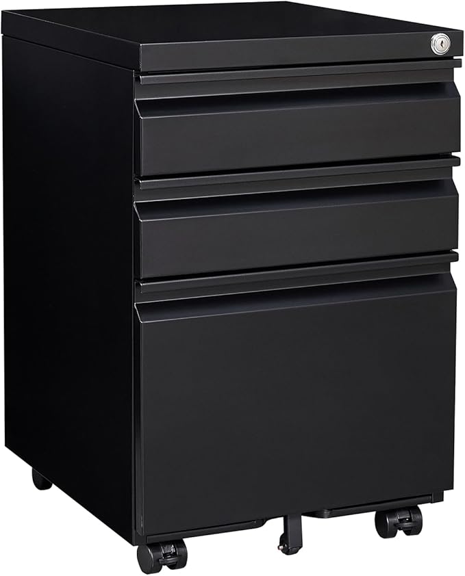 LUCYPAL 3 Drawer File Cabinet,Metal Filing Cabinet with Lock for Home Office,Under Desk Mobile File Cabinets for Letter/Legal/A4 Size,Black,Assemble Required