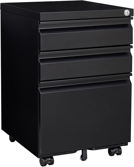 LUCYPAL 3 Drawer File Cabinet,Metal Filing Cabinet with Lock for Home Office,Under Desk Mobile File Cabinets for Letter/Legal/A4 Size,Black,Assemble Required
