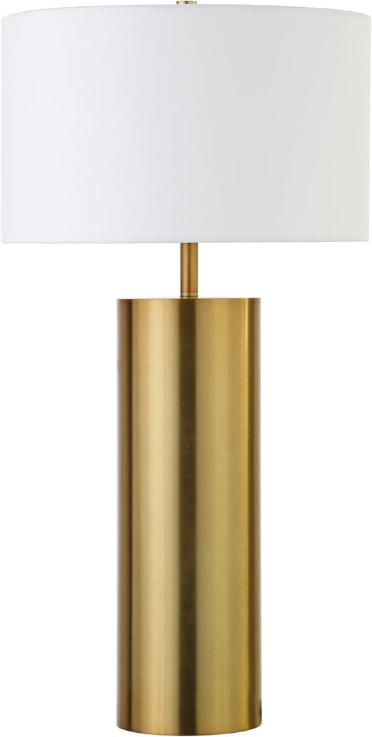 Henn&Hart 29.5'' Mid-Century Modern 1-Light Table Lamp with White Fabric Drum Shade for Living Room, Bedroom, or Office, Brass