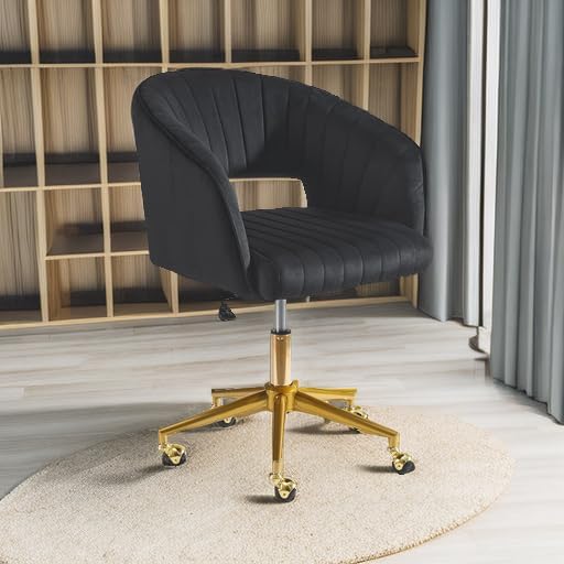 Nrizc Velvet Office Desk Chair, Upholstered Home Office Desk Chairs with Adjustable Swivel Wheels, Ergonomic Office Chair for Living Room, Bedroom, Office, Vanity Study (Black)