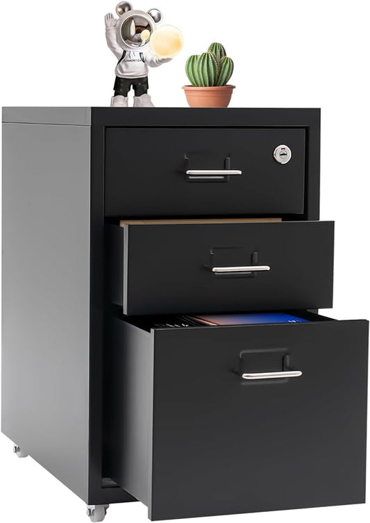 3 Drawers Rolling File Cabinet, Metal Filing Cabinets with Lock, 18.3 inch H Vertical Filing Cabinet Under Desk for Home Office, Heavy Duty Metal Storage Cabinet for A4/Letter/Legal Size File