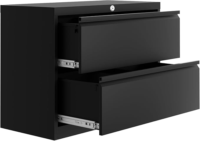 2-Drawer Lateral File Cabinet with Lock, Heavy Duty Metal Filing Cabinet for Letter/Legal/A4 Documents, Space-Saving Office Storage Organizer for Home Office, Easy Assembly, Black