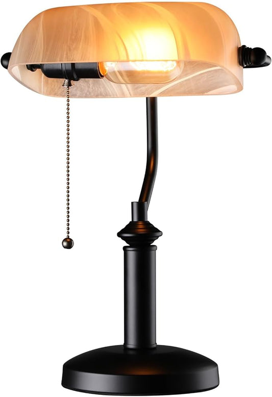 TORCHSTAR Pale Yellow Glass Bankers Desk Lamp, UL Listed, Antique Desk Lamps with Uniquely Textured, Traditional Library Lamp with Pull Chain, E26 Base, Desk Lamp for Office, Study Room