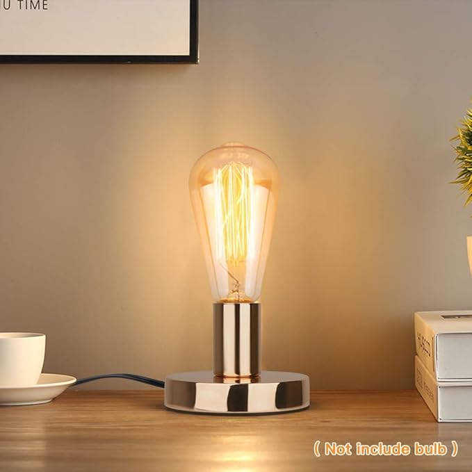 Helunsi Industrial Table Lamp, Gold E26 E27 Base Without Shade, Mini Short Desk Lamp Exposed Bulb, Simple Metal Edison Light Bulb Stand, 5.8ft Cord Switch Plug Holder