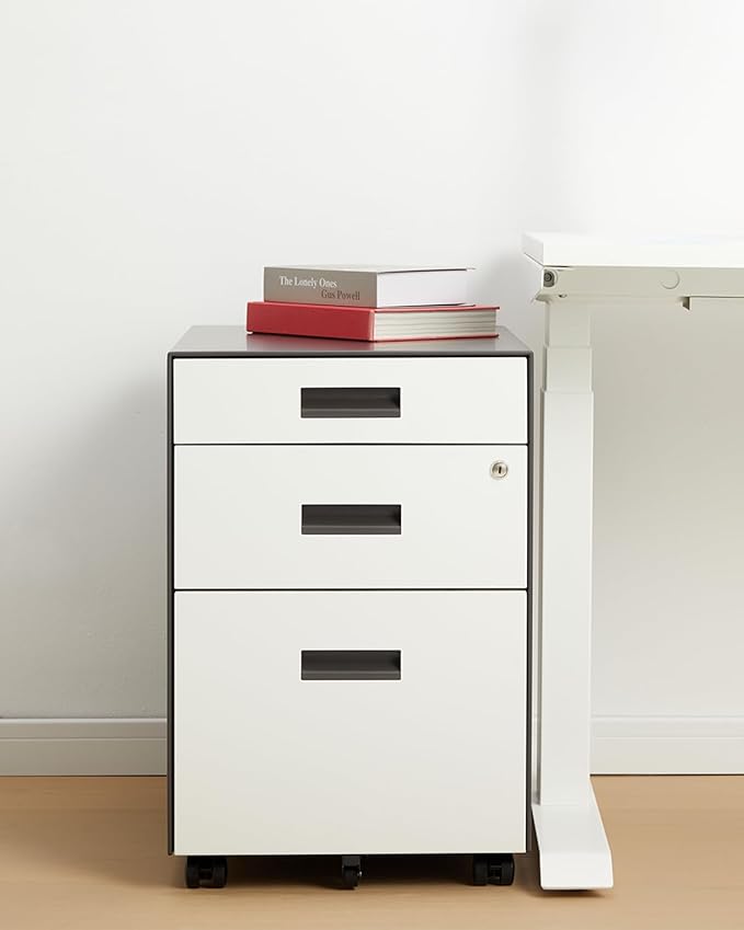 Teno 3 Drawer File Cabinet with Lock - Under Desk Metal Filing Cabinet, Legal/Letter File Folders, Wheels, Fully Assembled, White/Gray