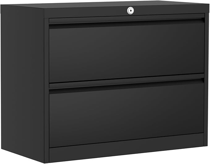 2-Drawer Lateral File Cabinet with Lock, Heavy Duty Metal Filing Cabinet for Letter/Legal/A4 Documents, Space-Saving Office Storage Organizer for Home Office, Easy Assembly, Black