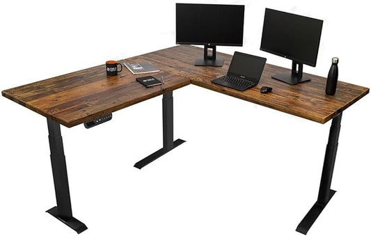 Stand Up Desk Store Reclaimed Wood Electric L-Shaped Corner Standing Desk with EZ Assemble Frame (Black Frame/Reclaimed Natural Fir Top, 71" W x 71" D)