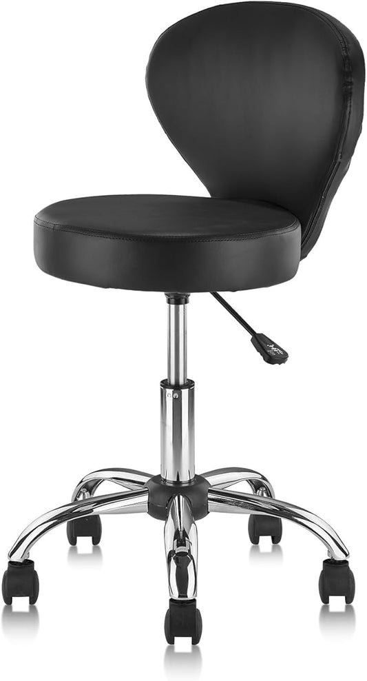 Pu Leather Round Rolling Swivel Salon Stool Chair, with Adjustable Height and Back Support for Office Massage Facial Spa Medical Drafting Tattoo Beauty Barber Black 1PK