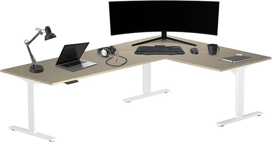 Progressive Desk Stand Up Height Adjustable Standing Desk - L Shaped 83" x 55" Corner Computer Rising Workstation Electric Table - White Frame, Bright Beech Top