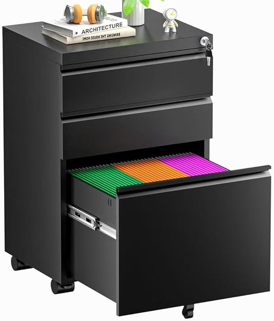 Superday File Cabinet 3 Drawer, Metal Rolling Vertical Filing Cabinet with Wheels, Small Under Desk File Cabinets for Home Office (Black)