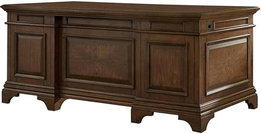 Pemberly Row Executive Desk with File Cabinets in Burnished Oak