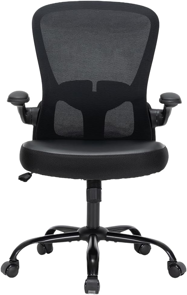 Office Chair, Ergonomic Mesh PU Leather Desk Computer Chair, with Lumbar Support, Adjustable Height, Executive Swivel Rolling with Flip-up Arm, Black