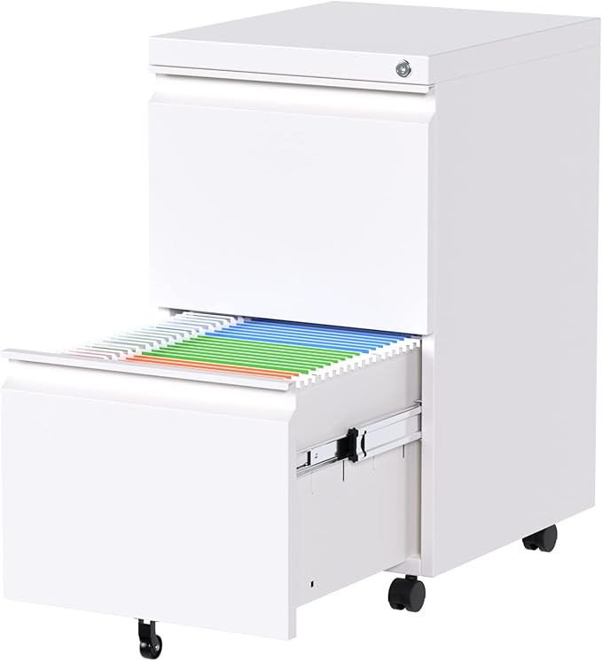 METAN 2 Drawer File Cabinet with Lock, Mobile Under Desk Filing Cabinet for Office Legal/Letter Size, Fully Assembled Except Wheels,White