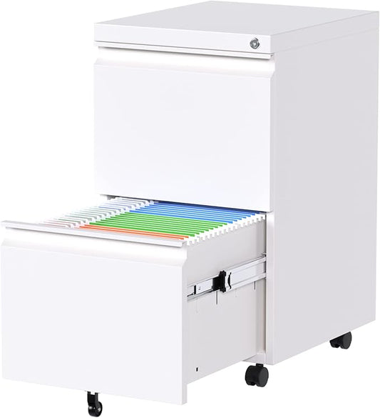 METAN 2 Drawer File Cabinet with Lock, Mobile Under Desk Filing Cabinet for Office Legal/Letter Size, Fully Assembled Except Wheels,White