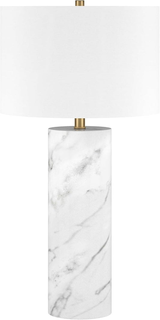 Henn&Hart 29.5'' Glam 1-Light Table Lamp with White Fabric Drum Shade for Living Room, Bedroom, or Office, Marble/Brass