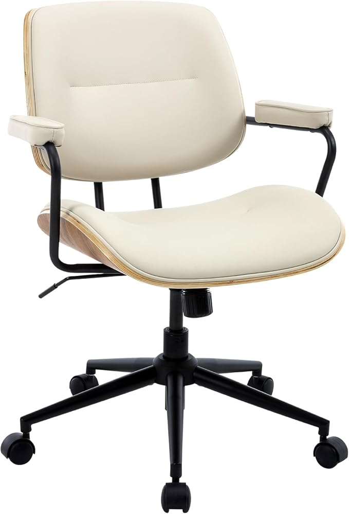 BV Mid Century Modern Office Chair Set of 1, Swivel Rolling Deak Chair with Armrests and Walnut Back, Adjustable Desk Chair for Home Office, Beige