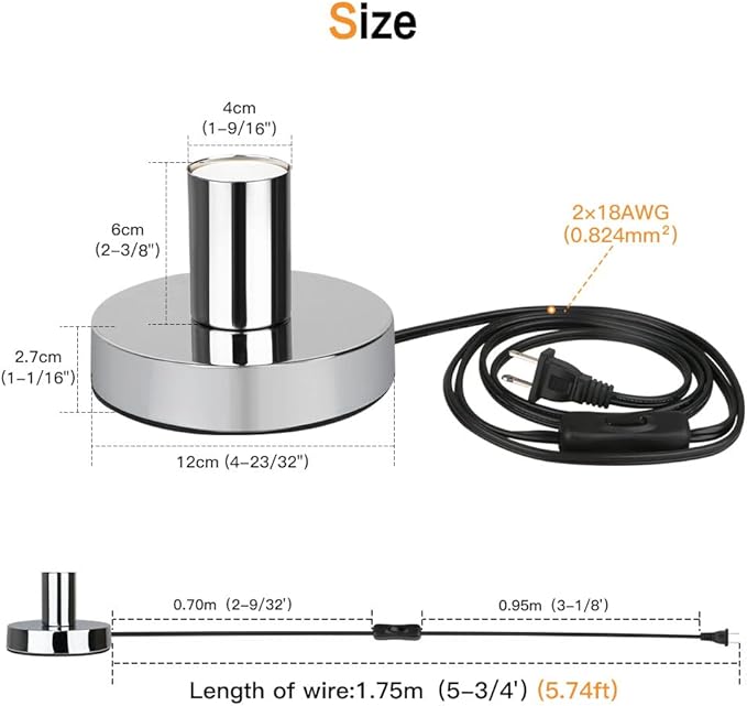 Helunsi Industrial Table Lamp Base, Silver E26 E27 Lamp Base Without Shade, Mini Short Desk Lamp Exposed Bulb Base, Simple Metal Edison Light Bulb Stand, with 5.8ft Cord Switch Plug Bulb Base Holder