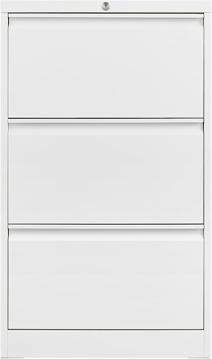 GarveeLife 3 Drawers Lateral File Cabinet with Lock, Metal Filing Cabinet with Card Holder, Steel Drawer File Cabinets Under Desk for Home Office Legal/Letter/f4/a4 Size White