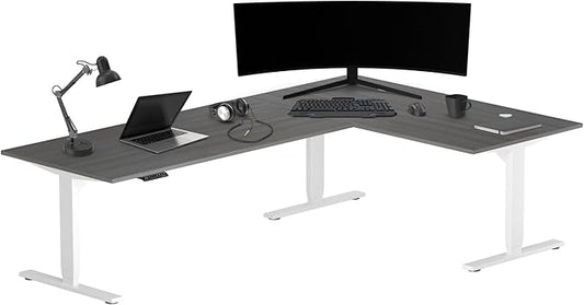 Progressive Desk Stand Up Height Adjustable Standing Desk - L Shaped 83" x 55" Corner Computer Rising Workstation Electric Table - White Frame, Gray Oak Top