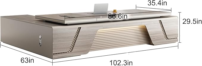 102IN L-Shaped Executive Desk with Drawers, Executive Desk with Open Storage Grid & LED Light Strip & Exquisite Pull Handle & Invisible Multimedia Wire Box & Front Baffle Design