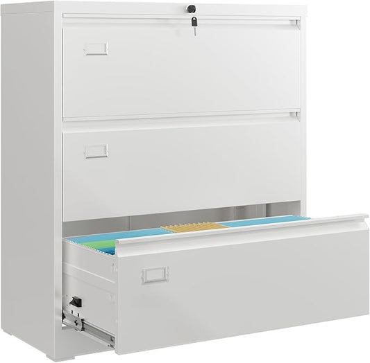 DEVAISE 3 Drawer Lateral File Cabinet with Lock, Metal Filing Cabinets for Home Office, 16" D x 35" W x 40.5" H Wide Storage Organization for Hanging Files Letter/A4/Legal/F4 Size, White
