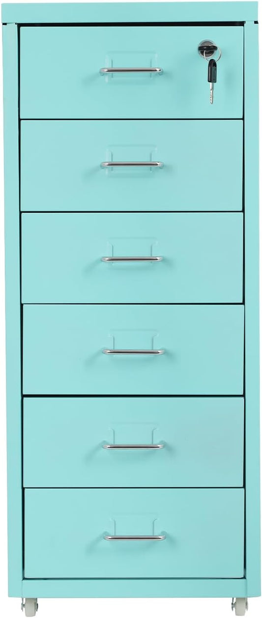 TFCFL Mobile File Cabinet 6 Drawer Vertical File Cabinet with Wheels Metal File Cabinet with Lock for Home Office, 11" D x 16" W x 27" H (Blue)