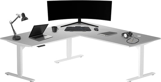 Progressive Desk Height Adjustable Electric Standing Desk - L Shaped 72" x 72" Computer Stand Up Rising Workstation Corner Table - White Frame, Warm White Top