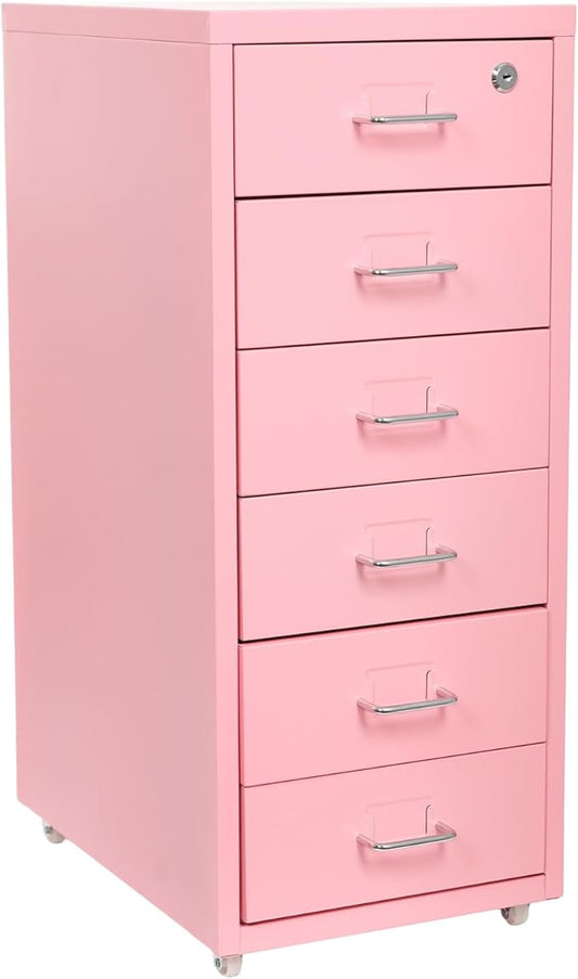 6 Drawers Rolling File Cabinet, Pink Metal Filing Cabinets with Lock, 27 inch H Vertical Filing Cabinet Under Desk for Home Office, Heavy Duty Metal Storage Cabinet for A4/Letter/Legal Size File