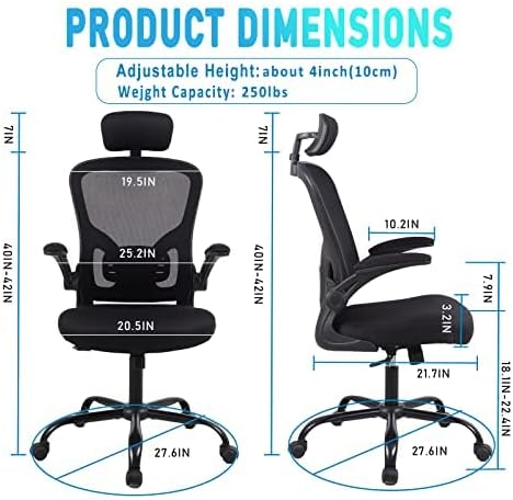 Flysky Ergonomic Office Chair, Mesh Home Office Desk Chair with Flip-up Arms and Lumbar Support, Height Adjustable, Swivel, Black-Headrest