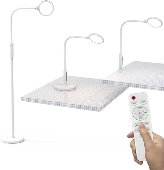 Syrinx 3 in 1 LED Floor Lamp, Desk Lamp, Clamp-on Lamp With Remote Control, 5 Brightness Levels & 5 Colors Temperatures, Dimmable, Adjustable Gooseneck Pole Lamp for Living Room Office Bedroom - White