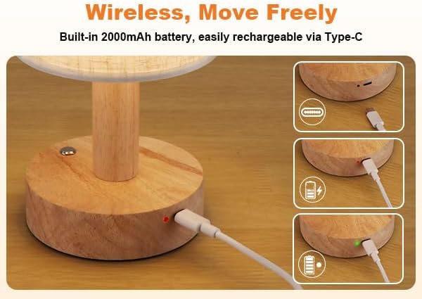 Rechargeable Cordless Table Lamp,Touch Control&Stepless Dimming,Wireless Bedside Ambient Night Light with Wood Base&Linen Shade,Portable Battery Lamp for Bedroom,Nightstand,Nursery,Camping,Outdoor