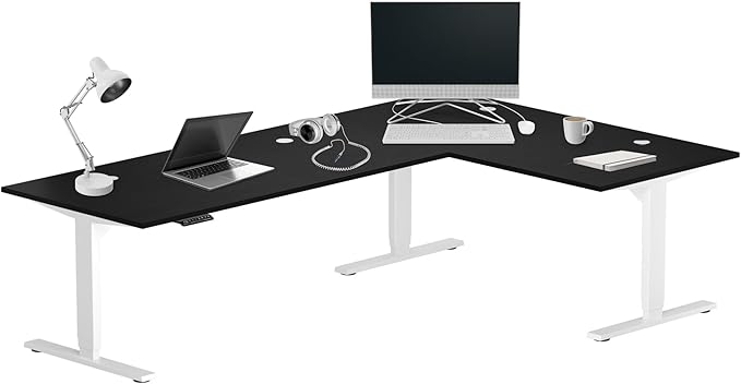 Progressive Desk Stand Up Height Adjustable Standing Desk - L Shaped 83" x 55" Corner Computer Rising Workstation Electric Table - White Frame, Ebony Oak Top
